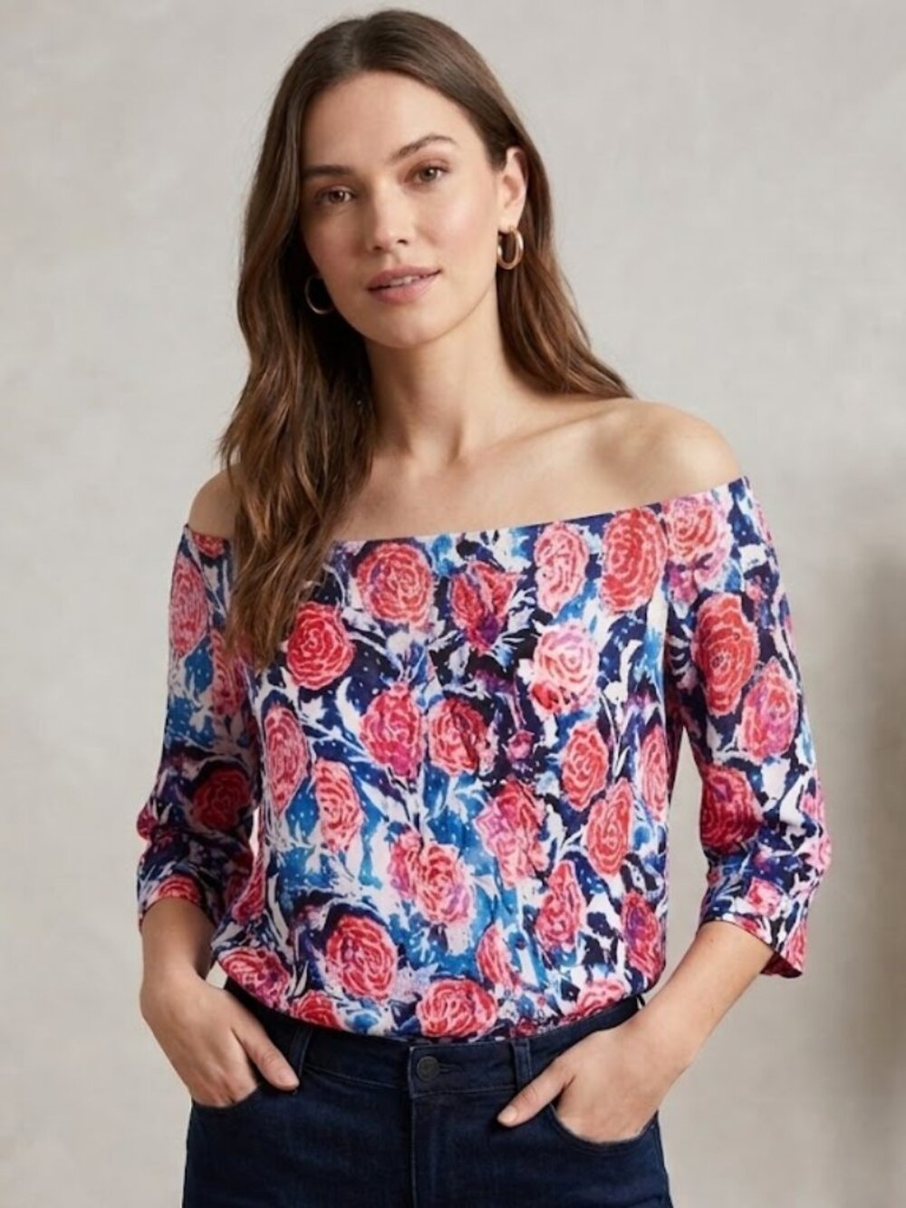 Fuzzi Floral Off-Shoulder Women's Top in Pink and Navy